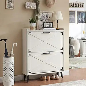 Barnyatoh Shoe Storage Cabinet,Farmhouse Shoe Organizer with 2 Flip Drawers & Barn Door Design,Freestanding Hidden Slim Narrow Shoe Rack Cabinet for Entryway,Foyer,Hallway,Antique White