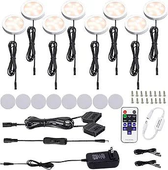 AIBOO Kitchen Under Cabinet Lighting LED 12Vdc 8 Pack Black Cord Aluminum Puck Lights for Counter Closet Furniture Shelf Lighting Dimmable with RF Wireless Remote Control(2700K Warm White)