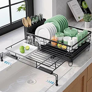 Kitsure Extendable Dish Drying Rack - Rust-Resistant Dish Racks for Kitchen Counter with Adjustable Support Legs, Cutlery Holder & Removable Draining Tray (Black, 15.6''-25.2''L 16.9''W 8.1''H)