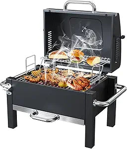 BBQCuker Portable Charcoal Grill with Warming Rack, Tabletop Charcoal Grill, Small BBQ Grill with Thermometer(100-800F), Outdoor Charcoal Smoker for Camping, Picnic, Hiking, Beach and Travel
