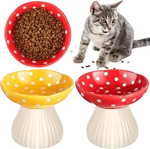 Teenyyou 2 Pcs Elevated Ceramic Cat Bowls Raised Cat Food and Water Dishes Wide Feeding Bowls for Flat Faced Kittens Raised Pet Dishes for Easy Feeding(Red Yellow)