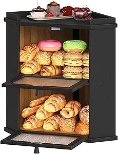HOOBRO Bread Box, Corner Bread Box for Kitchen Countertop, 2-Tier Bamboo Bread Box, Food Storage Box, Bread Storage Container with Shelf, Bread Bin for Kitchen, Dining Room, Black BK19MB01