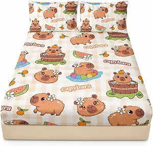 AILONEN Cute Capybara Fitted Sheet Set Twin Size, Cartoon Capybara Orange Bedding Set for Kids Teens Girls Boys,Kawaii Animal Bed Sheet Set,1 Fitted Sheet + 2 Pillowcases,3Pcs