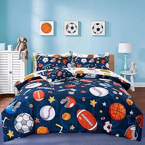 A Nice Night 6Pcs Bed in A Bag Queen Sports Microfiber Modern Comforter Set,Navy Rugby Ball Printed Bedding Collections,for Boys Kids Teen