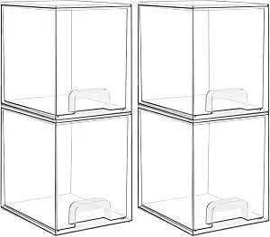 Vtopmart 7.6" H Clear Stackable Storage Drawers, 4 Pack Plastic Organizers Bins for Skincare, Cosmetics,Beauty Supplies,Ideal for Vanity, Bathroom,Kitchen Countertop,Cabinet Organization