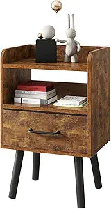 YMYNY Bedside Table, Nightstand, Side Table, Wooden Sofa End Table with Fabric Drawer, Open Shelf, Solid Wood Legs, 15.35" x 11.42" x 24.41", for Bedroom, Rustic Brown UHST021H