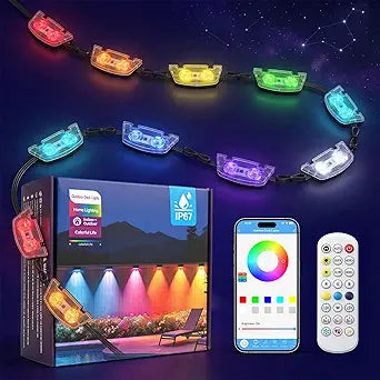 Outdoor Deck Lights, RGBCW Smart Fence Lights with 2700K-6500K Dimmable White,IP67 Plug in Outdoor Lights for Patio, App&Remote Controlled LED String Lights for Party Garden Yard , 8 Packs 49.2ft