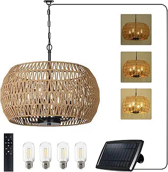 Solar Lights Outdoor Chandelier with Remote & Dimmable LED Bulb, Rattan Solar Powered Outdoor Lights for Patio, Indoor Boho Hanging Pendant Light Fixture, Garden Lights for Porch Gazebo Patio Yard