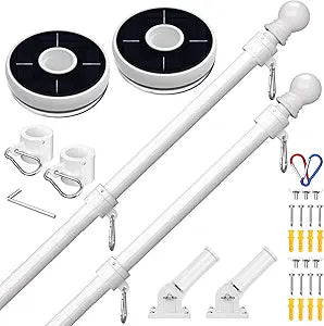 ZMTECH Flag Pole for Outside House - 6 Foot American Flag Pole with Solar Light, 180 Degree Adjustable Flag Holder, Tangle-Free Stainless Steel Outdoor Flagpole Set, 2 Pack White