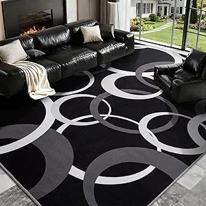 YIHOUSE Black and White 8x10 Area Rugs for Living Room, Circle Pattern Washable Rug for Bedroom Non Slip Low Pile, Soft Modern Carpet for Dining Room Playroom Home Office Decor