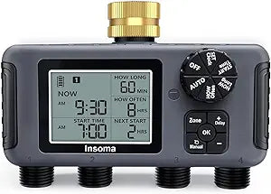 Insoma Water Timer with Brass Inlet, 4 Independent Zones Outdoor Hose Timer for Garden Faucet with Auto/Manual/Rain Delay Mode, IPX5 Waterproof, Sprinkler Irrigation Controller for Yard Lawn
