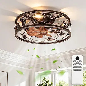 ropelux Caged Ceiling Fan with Lights, Rustic Farmhouse Low Profile Ceiling Fans Light with Remote,Super Quiet Bladeless Fandelier Ceiling Fan with Light 6-Speeds for Kitchen,Bedroom,Living Room