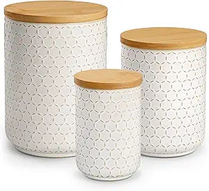 MALACASA LYDIA Ceramic Canisters Set with Airtight Lids, 80/40/20 oz Coffee Canisters Sets for the Kitchen, Large Jars for Flour, Sugar, Pasta, Coffee, Cookies, Tea - Set of 3, Hexagon