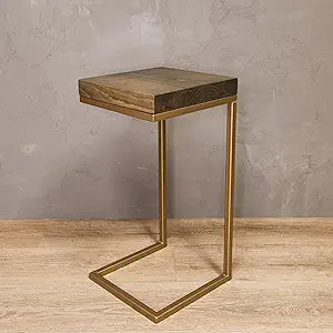 Urbandi C Shape Rustic Side Table for Living Room Couch Tray, Nightstand for Bedroom, End Table, Made in USA from Solid Pine Wood and Strong Metal Base, Comes Fully Assembled (Gold/Aged Barrel)