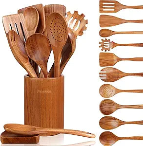 Mooues 12 Piece Wooden Spoons for Cooking, Wooden Utensils for Cooking with Utensils Holder, Natural Teak Wooden Kitchen Utensils Set with Wooden Spoon Rest, Comfort Grip