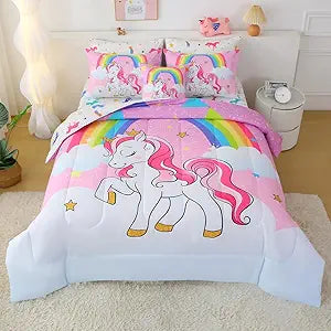 JQinHome Unicorn Twin Bedding Sets for Girls Kids,6 Piece Bed in A Bag 3D Pink Sky Rainbow Clouds Theme Unicorn Comforter Set with Sheet Set(Pink Purple)