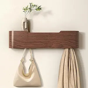Wall Mounted Coat Rack with Shelf, Wooden Entryway Organizer with Hidden Metal Hooks for Hanging Coats Bags Keys, Modern Floating Shelf for Hallway Bathroom