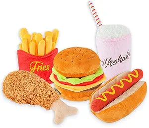 P.L.A.Y. PET LIFESTYLE AND YOU P.L.A.Y. Cute Plush Dog Toys - Fast Food Themed Durable Squeaker Chew Toys, Great for Puppies & Small Dogs - Machine Washable, Recycled Materials (5 Piece Set, X-Small)