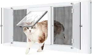2-in-1 Cat Door for Window with Acrylic Panel, Rainproof & Ventilation Dual Modes, Adjustable Width of 36"-40" for Sliding Windows, Weather Resistant Window Cat Door Insert