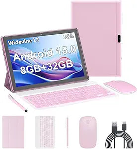 Android 15 Tablet,10 inch Tablets, 8GB RAM+32GB ROM/2TB Expandable, 2 in 1 Tablets with Keyboard Case, 1280x800 IPS Display Screen, 5G Wi-Fi6, Dual Camera, 6000mAh Battery BT5 Widevine L1 (Pink)
