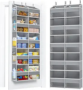 PureSpace 5-Tier Over the Door Organizer, 10 Side Mesh Pockets & Clear Windows, 80LBS Heavy Duty Hanging Storage for Baby Diapers, Shoes, Toys Ideal for Nursery, Bathroom, Bedroom, Pantry (Grey)
