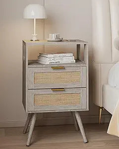 JOONEE Rattan Nightstand,Farmhouse Bedside Table with 2 Storage Drawer and Open Wood Shelf, for Bedroom and Small Spaces,Night Stand with Solid Wood Legs (Grey Oak)