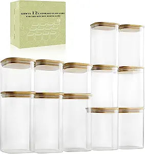 LIBWYS 12-Pack Glass Pantry Storage Containers with Bamboo Lids (0.76Qt/1.22Qt/1.67Qt) - Stackable Square Food Jars for Pantry Organization, Coffee, Flour, Snacks, Tea | Kitchen Canisters Set