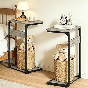 Wood Pedestal Sofa Side Tables Set of 2 Small Nightstand C Shaped End Table TV Trays on Couch Stands TV Tray Tables Slide Under Night Stand Over Bed Living Room Bedroom Bedside Modern Grey ET-YB-GYW2