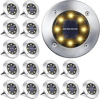 LYHOPE Solar Ground Light Outdoor, 16 Pack 8 LED Solar Disk Lights Waterproof Garden In-ground Pathway Lights Landscape Lighting for Lawn,Yard,Deck,Patio,Walkway (Warm White)