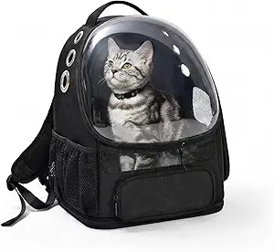Amazon Basics Pet Carrier Backpack for Small Cats & Dogs, Collapsible Travel Carrier with Bubble Window & Breathable Mesh, Foldable for Travel, Black