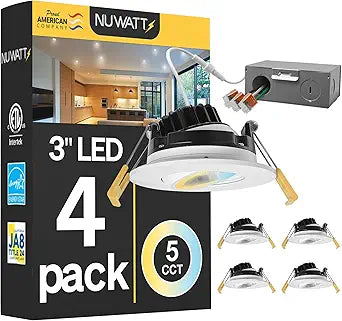 NUWATT White 3 Inch Adjustable LED Ceiling Lights, Gimbal Recessed Lighting, Dimmable Canless Downlight 5CCT 2700K/3000K/3500K/4000K/5000K Selectable, 8W 600 Lumens, IC Rated, Wet Rated, 120V, 4 Pack