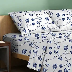 TEXAS LINEN CO. 100% Organic Cotton Sheets Queen Size - 4 PC Organic Cotton Queen Size Percale Printed Sheet Set, Soft, Cooling, Crisp & Breathable, 16" Deep Pocket Hotel Bedding Set - Floral Blue