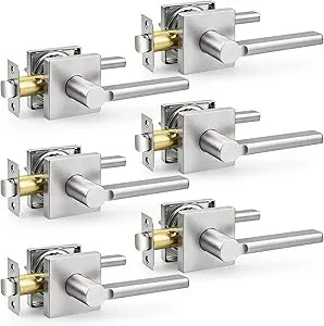 Probrico Passage Door Handles 6 Pack, Brushed Nickel Non-Locking Square Levers for Closet Hallway, Heavy Duty Reversible Interior Hardware