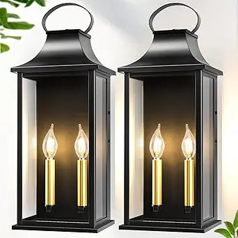21" Large Outdoor Wall Lights 2 Packs, Black Exterior Lighting Fixtures Outdoor Sconce Light with E12 Base, 2-Light Outdoor Lanterns for Porch, Waterproof Outside Lights for House, Garage, Patio
