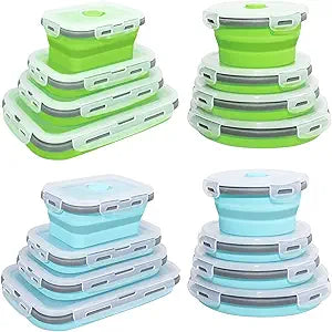 16 Pieces Collapsible Food Storage Containers 8 Pcs Rectangle and 8 Pcs Round Food Bowls with Lids Foldable Silicone Lunch Containers Bento Boxes for Kitchen Microwave Freezer Dishwasher Safe