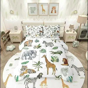 Erosebridal Wild Animal Kids Bed in A Bag Twin 7 Piece Cartoon Elephant Giraffe Comforter Set Safari Animals Bedding Sets for Kids Crocodile Tiger Zebra Palm Tree Tropical Sheet Set with Comforter