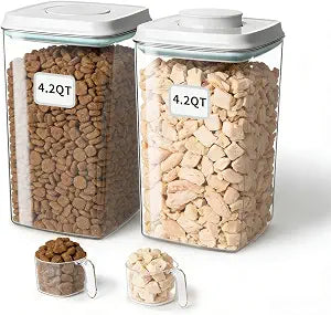 Dog Food Storage Containers Set with One-Touch Lid, (2 4.22 QT / 4.0 L) BPA-Free Cat Food Storage ContainerStackable Durable PET with 130ml Scoop, for Kibble & Treats Organization