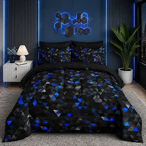 Nttopship Geometric Blue Black Triangle Queen Size Comforter Set,Light Honeycomb Bedding Set 7 Piece in A Bag,Bed Sheet Set Geometry Decor,Microfiber Lightweight All Season