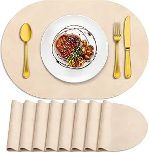 ADRIMER Placemats, Heat Resistant Oval Placemats Set of 8 Washable 12 x 17 Inch, Waterproof Table Mats, Wipeable Pu Place Mats for Kitchen, Dining Room, Beige