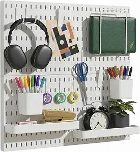 Keepo Peg Board Wall Organizer Plastic Pegboard Panels, Modular Peg Board Storage System For Home Office, Craft Room, Gaming Setup (White, 2222)