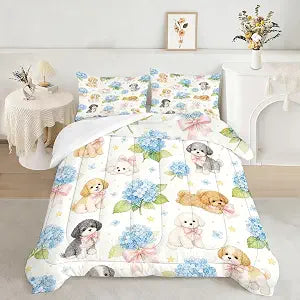Cute Dog Twin Comforter Set for Girls Pink Bow Floral Bedding