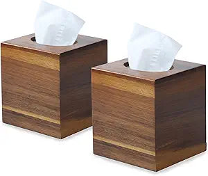 2 Pack Acacia Wood Tissue Box Cover, Square Wooden Tissue Holder for Bathroom, Living Room, Dining Table, Decorative Cube Facial Tissue Box Cover, 5.3 x 5.3 x 5.9 inches