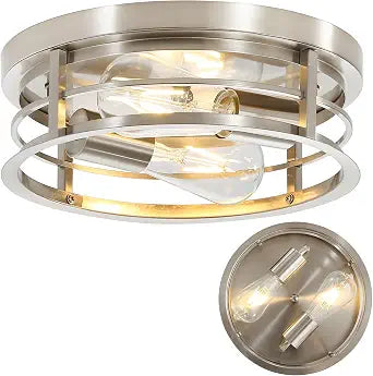 2-Light Round Flush Mount Ceiling Light, Farmhouse Brushed Nickel Metal Cage Close to Ceiling Light Fixture, 11inch E26 Base Semi Ceiling Mount Lamp, Modern Pendant Lighting for Porch Hallway