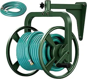 Artigarden Rotating 360 Garden Hose Reel, Wall Mounted Hose Reel Holder Holds 165ft of 5/8'' Hose, Outdoor Heavy Duty Metal Water Hose Organizer Storage Rack with 3.9ft Leader Hose for Outside, Green