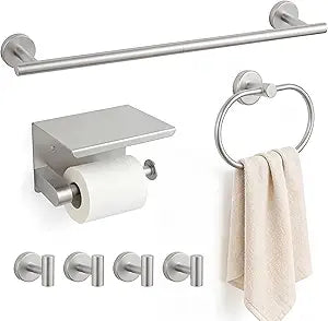 7-Piece Bathroom Hardware Accessories Set SUS304 Stainless Steel Towel Bar Set Wall Mounted 25.9-Inch Towel Rack, Towel Ring, Toilet Paper Holder with Shelf & 4 Hooks, Silver