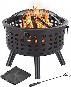 Outdoor Fire Pit - 26-Inch Round Lattice Wood Burning Firepit with Screen, Poker, Grate and Cover - Wood Fire Pits & Outdoor Fireplaces by Pure Garden