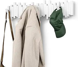 Umbra Sticks Wall-Mounted Coat Rack Rail Hook with 8 Retractable Pegs Modern, Space-Saving Storage Organizer, White