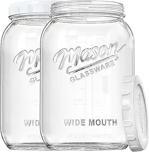 2 Pack Wide Mouth Mason Jars with Airtight Lid and Silicone Ring - 1 Gallon Large Glass Containers for Food Storage like Flour Sugar, Sun Tea, Kombucha, Refrigerator Safe Fermentation Jar