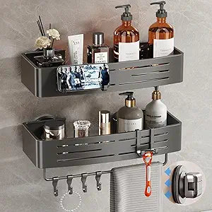 Voldra Shower Caddy Suction Cup, 2 Pack Shower Shelves for Inside Shower No Drilling, Aluminum Suction Showers Organizer with Towel Bar & Hooks Removable Bathroom Shelf Storage Rack(Gray)