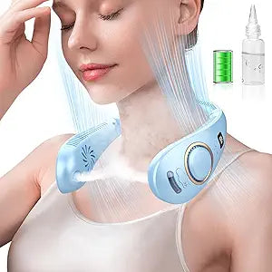Neck Fans Portable Rechargeable-Foldaway Neck Fan with Mist,Personal Fan for Neck Wearable Hanging around,Cordless Neck Coolers for Female Male Kids Dad Mom Extremely Hot Weather Indoor Outdoor Blue